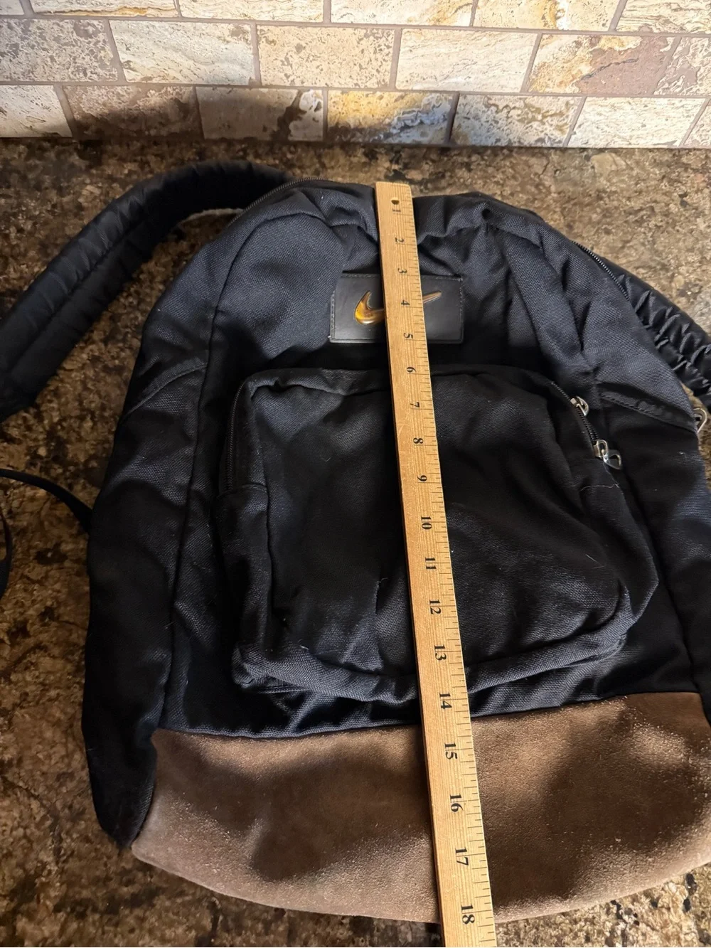 Vintage 90s Nike Backpack Black Brown Suede Leather Bottom Center Swoosh
